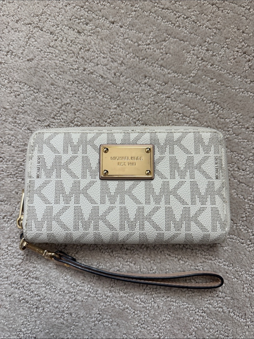 Michael Kors Cream MK Logo Wristlet with Gold Plate